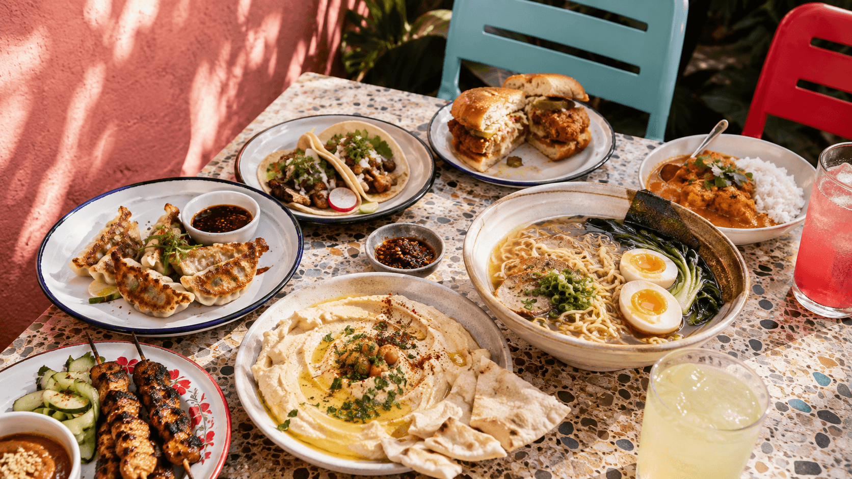 A table of shared dim sum plates at a casual Miami restaurant